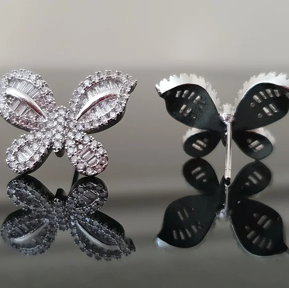 Pretty Silver Butterfly Diamond Earrings - Picture 2 of 3